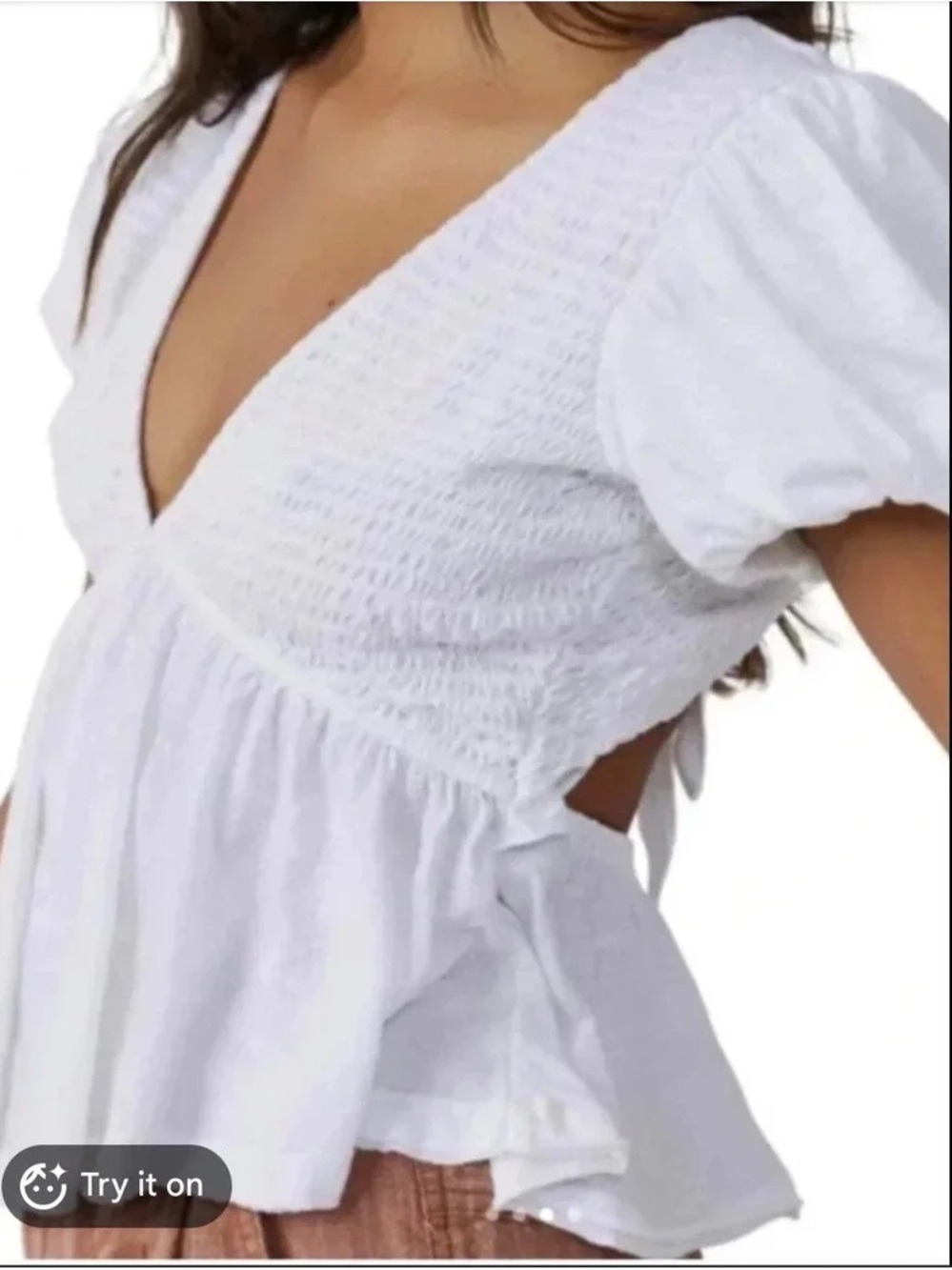 Free People White Smocked V-Neck Peplum Blouse
